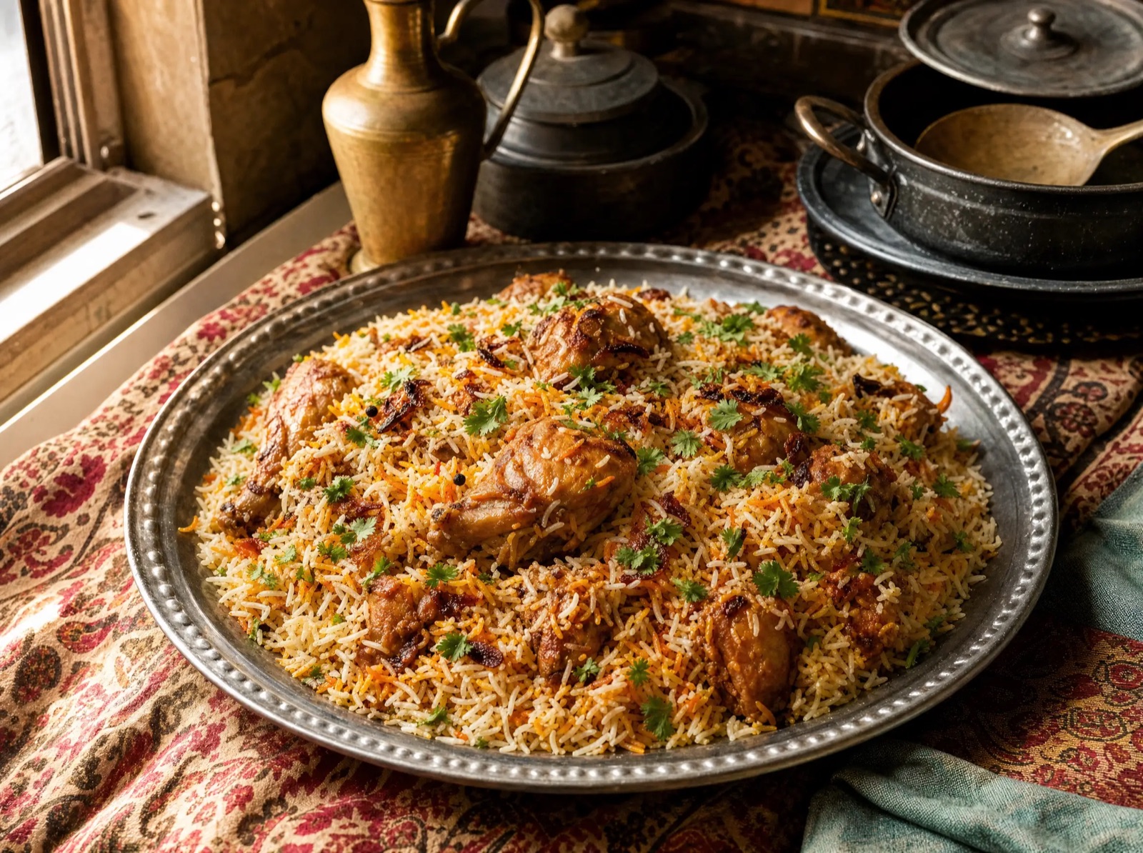 Biryani served on a steel platter, scattered with fresh coriander