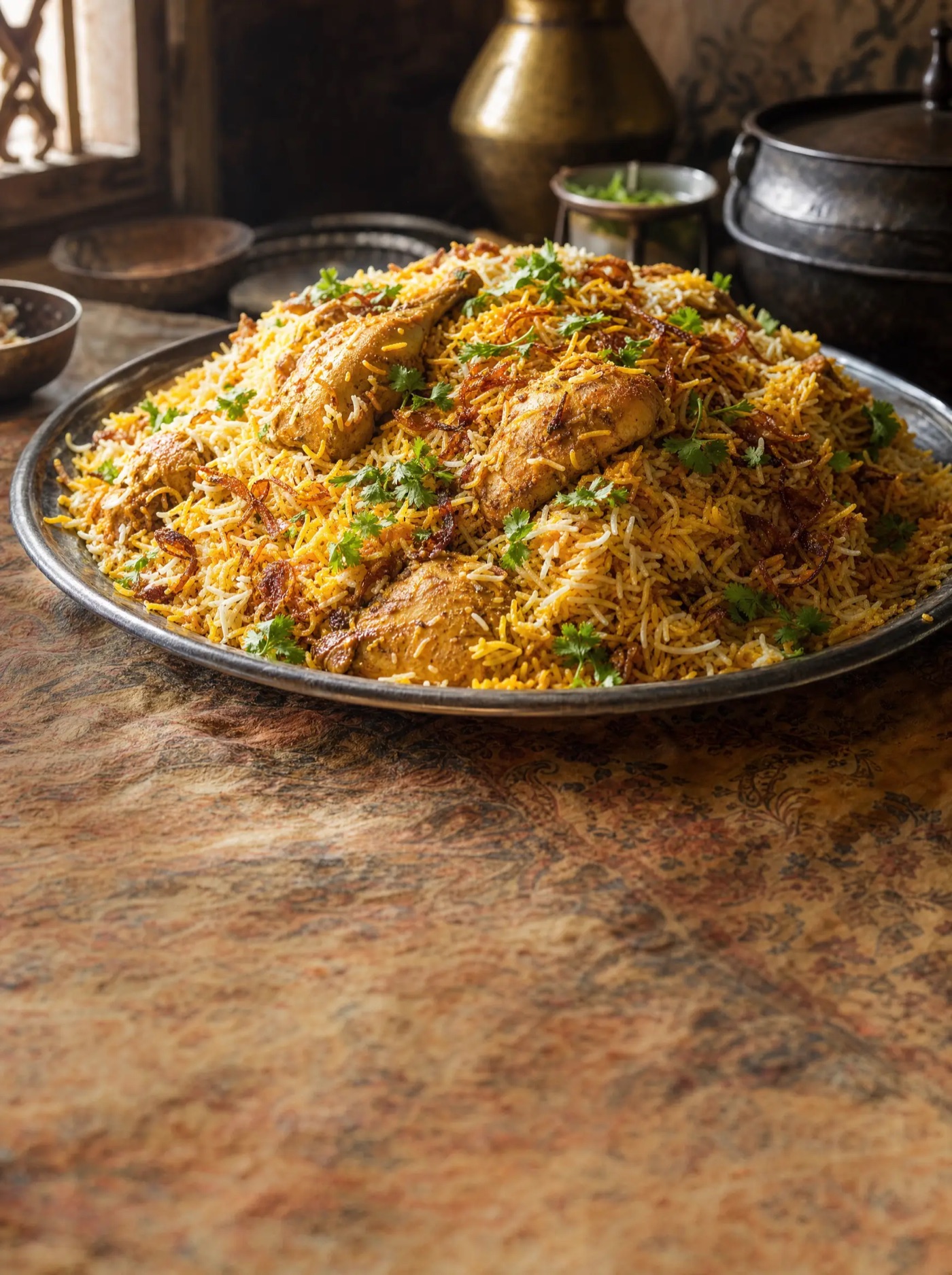 Chicken biryani heaped on a steel platter