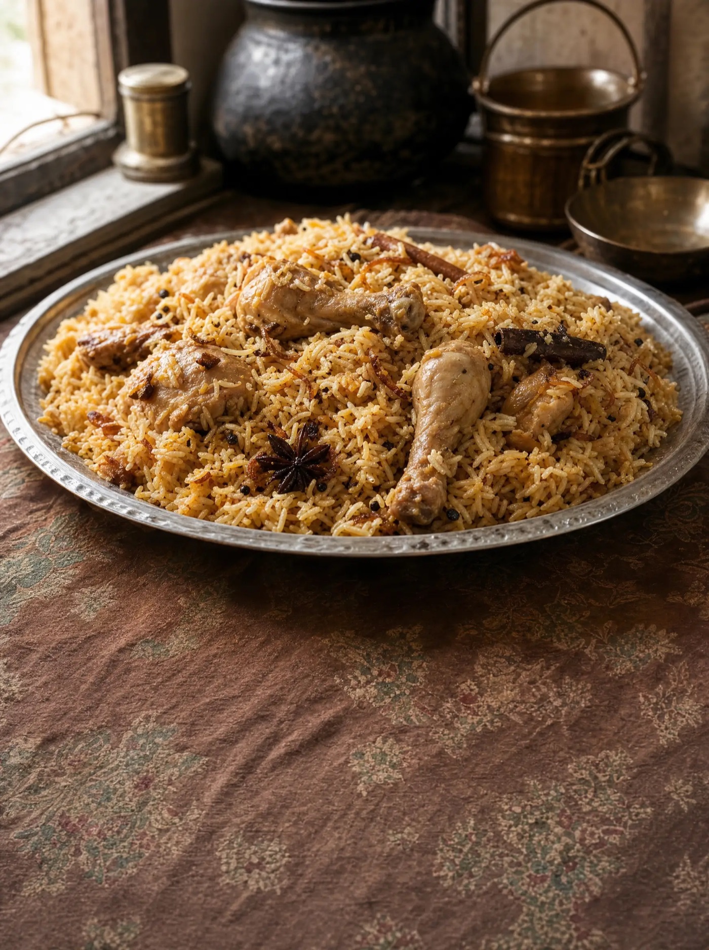 Chicken pulao heaped on a steel platter