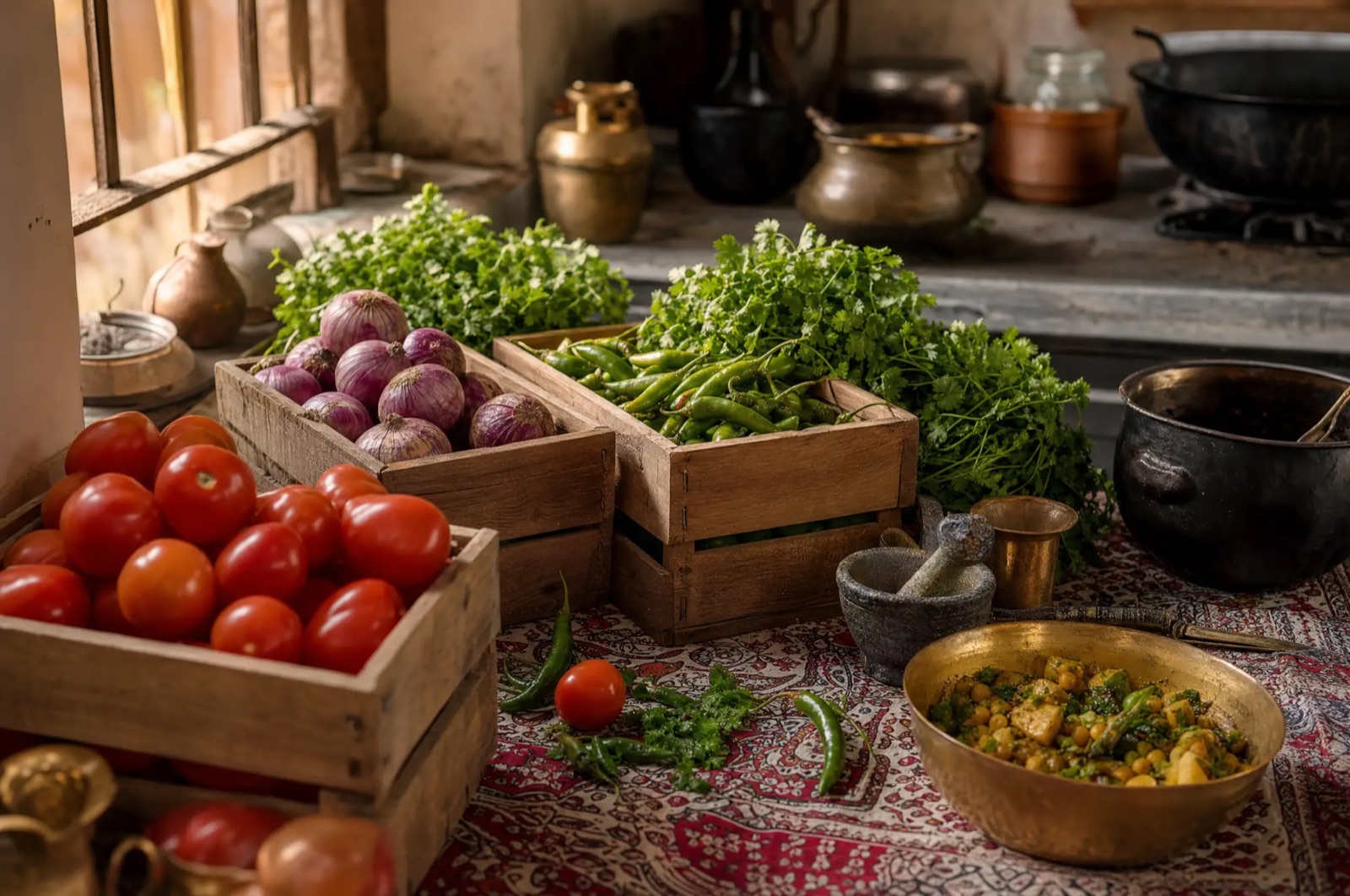 Crates of tomatoes, onions and green chillies at the mandi in morning light